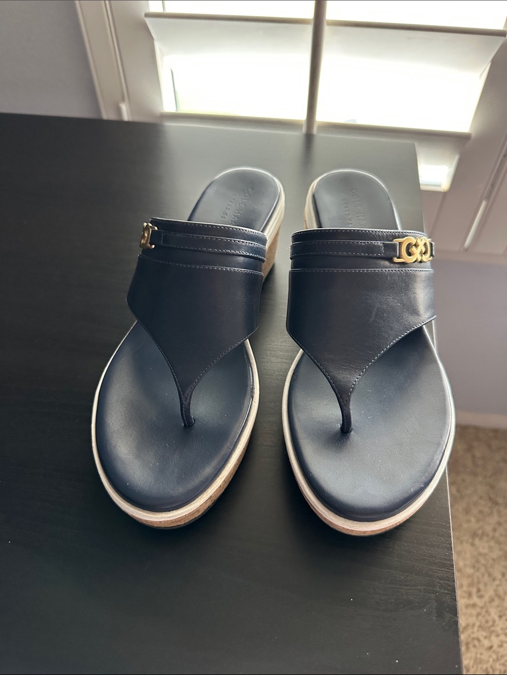 Cole Haan blue leather sandals with gold logo accent and cork souls, size 7